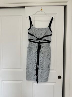 Sachin + Babi Light Gray Lace Dress with Black grossgain trim